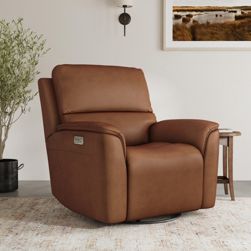 Power Swivel Recliner Caramel Tone Leather Like Split Back