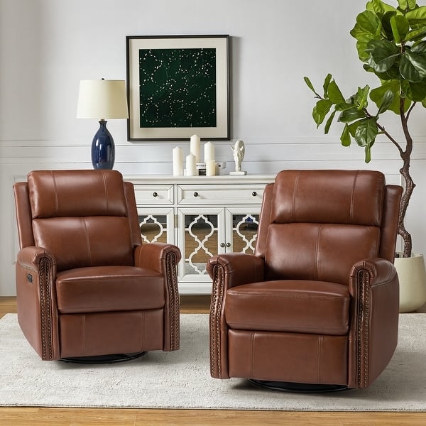 Power Swivel Recliner, Cognac Leather with Nailhead Bustle Back