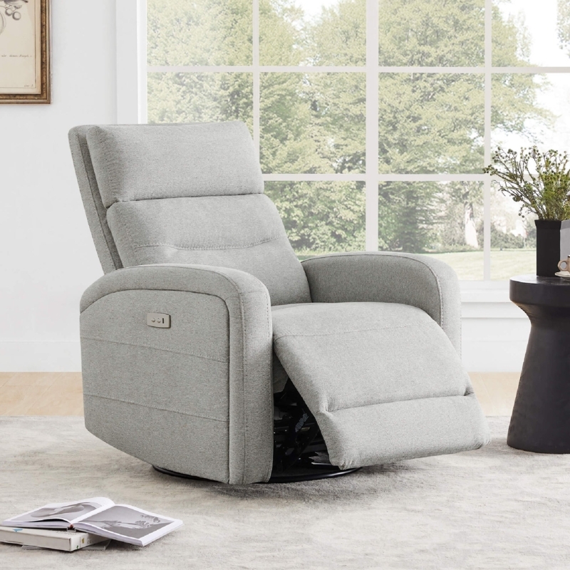 Power Swivel Recliner in Gray with Horizontal Channel Stitching