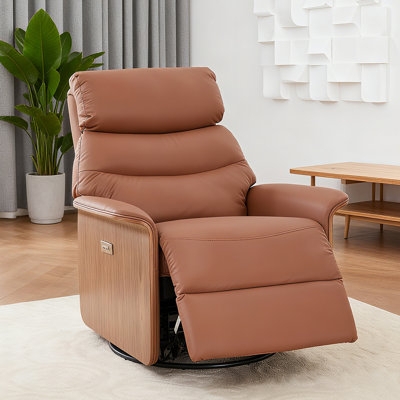 Power Swivel Recliner, Terracotta Leather-Like with Wood Panels