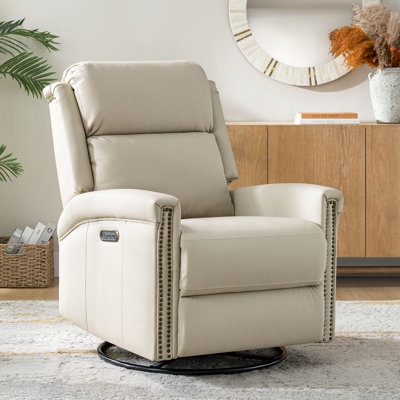 Power Swivel Rocker Recliner with Nailhead Trim in Cream