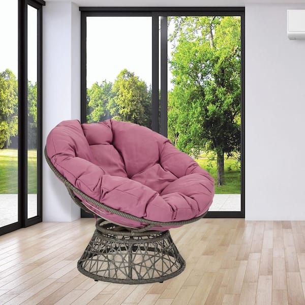 Purple Papasan Chair with Tufted Cushion and Grey Woven Pedestal Base