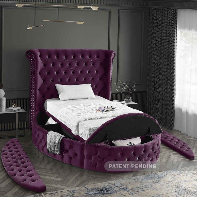 Purple Velvet Bed with Storage Footboard and Tufted Wingback Headboard