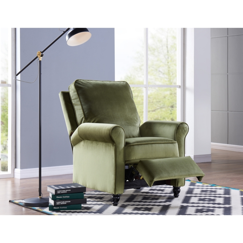 Push Back Recliner Chair Kale Green Velvet Rolled Arms Turned Legs