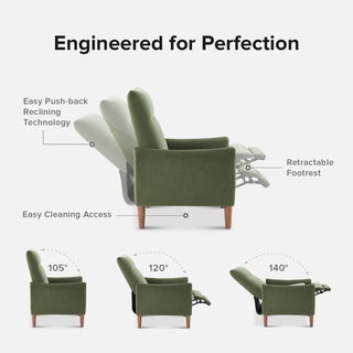 Push Back Recliner Chair Olive Green Velvet Mid Century Modern Style