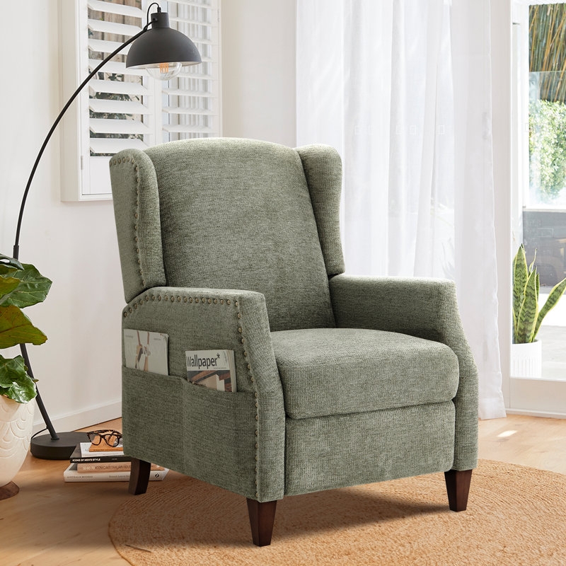 Push Back Recliner Chair Upholstered Wingback with Side Storage Pocket