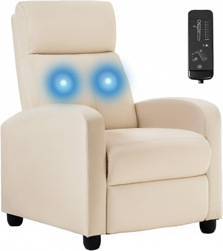 Push-Back Recliner in Beige Textile with Massage Function