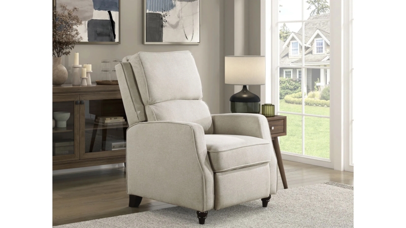 Push Back Recliner in Beige Textured Fabric with Turned Front Legs