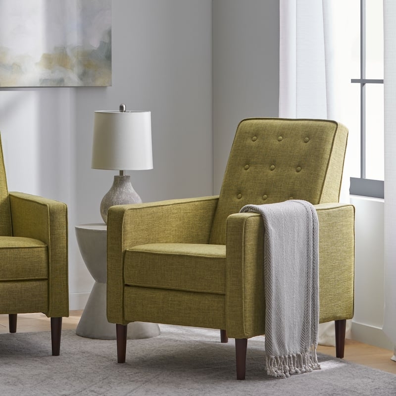 Push Back Recliner in Olive Green Fabric with Button Tufted Back