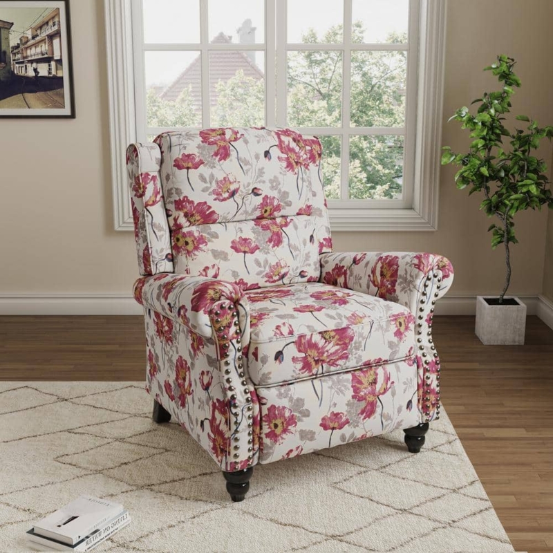 Pushback Recliner with Pink Floral Print & Nailhead Trim