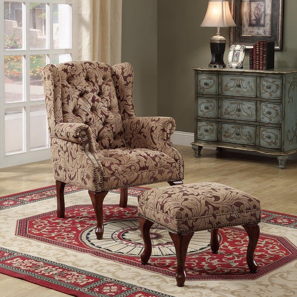 Queen Anne Wingback Chair Damask Pattern Button Tufted Ottoman