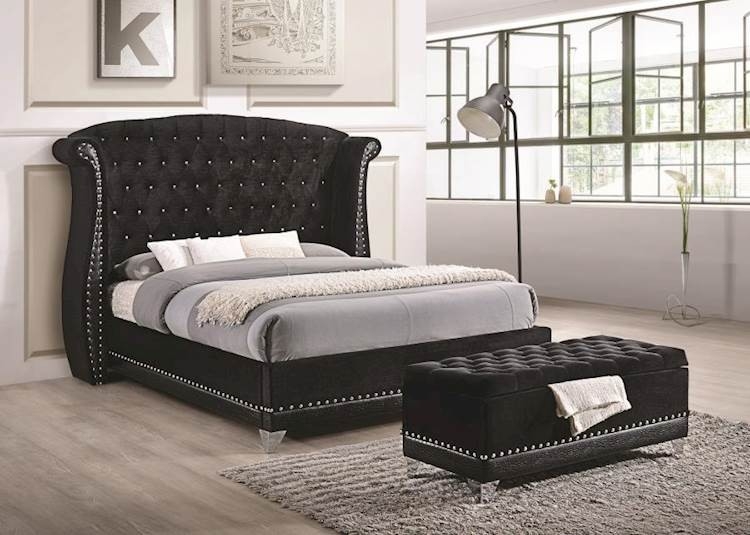 Queen Bed Black Crystal Tufted Upholstery Tall Wingback Glam