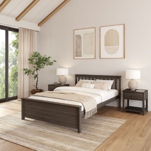 Queen Bed Frame Dark Brown Modern Farmhouse Slatted Headboard