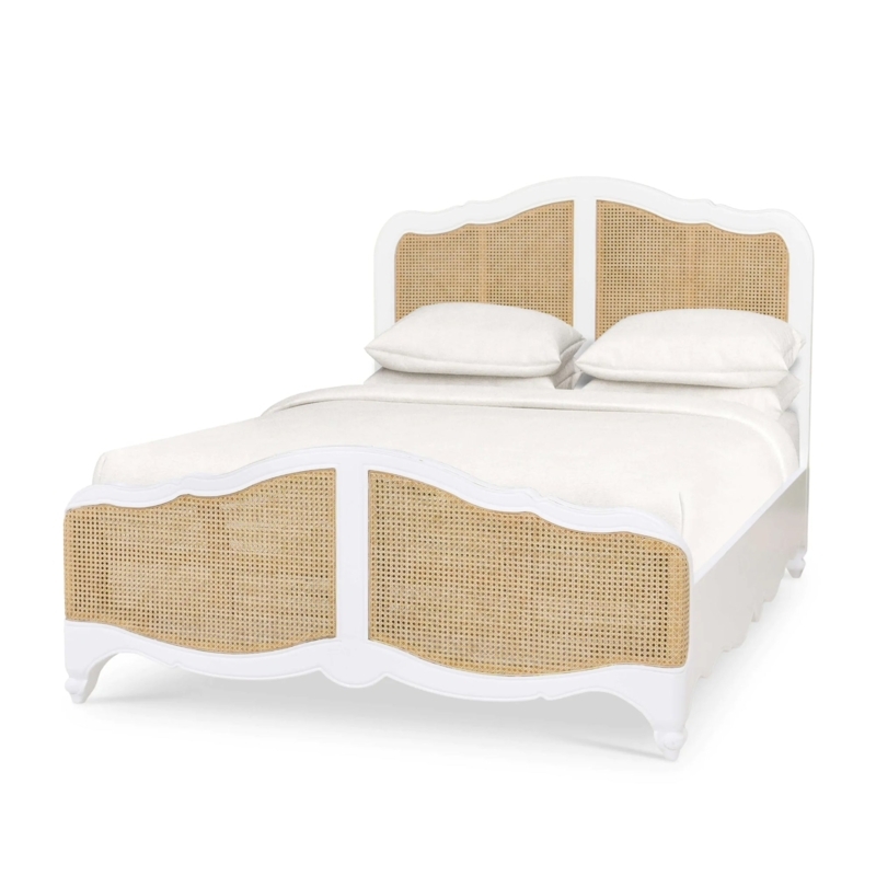 Queen Bed Frame: White Finish, Arched Headboard with Cane Panels.