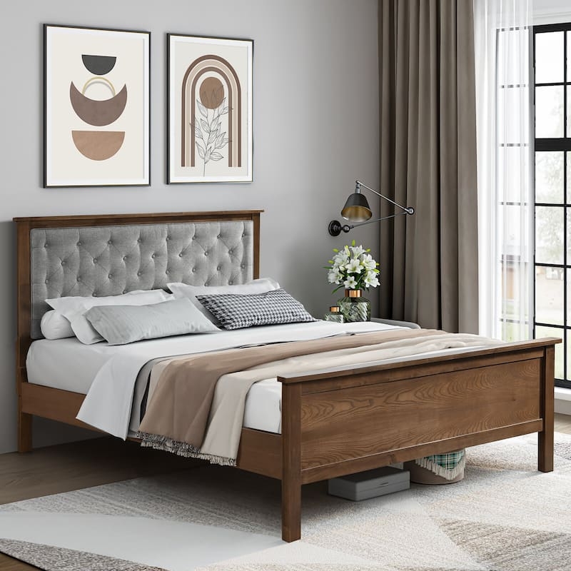 Queen Bed Gray Upholstered Button Tufted Wood Frame Transitional