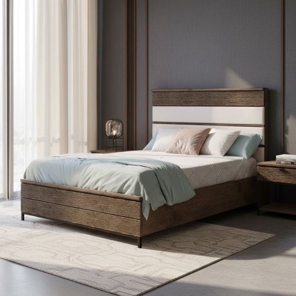 Queen Bed Organic Modern Tiered Wood and Cream Paneled Headboard