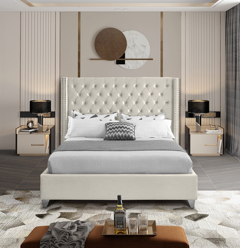 Queen Bed Velvet Diamond Tufted Wingback Nailhead Trim