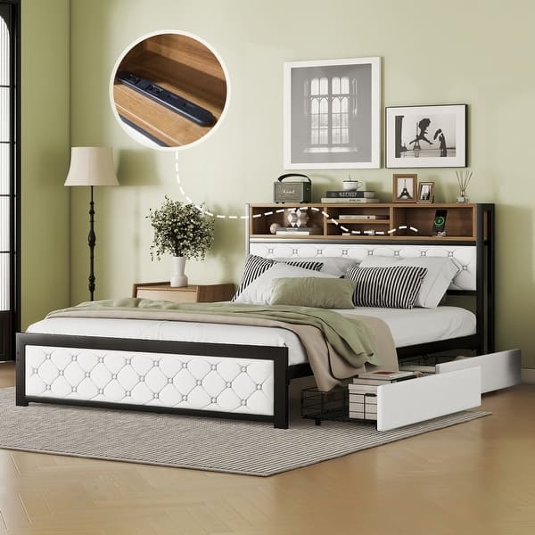 Queen Bed with Built-In USB Ports and Tufted Storage Headboard