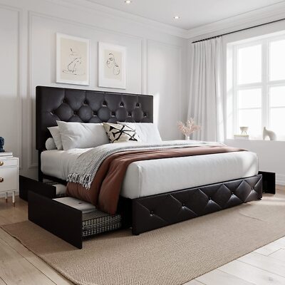 Queen Bed with Drawers and Diamond Tufted Side Rails