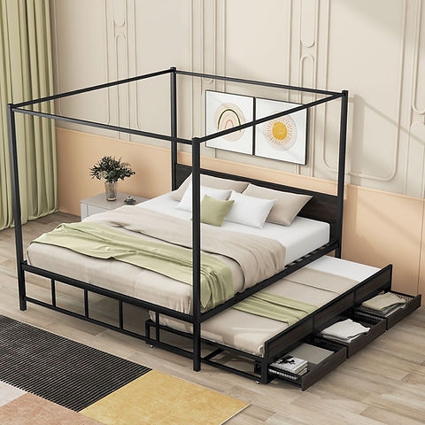 Queen Canopy Bed Frame featuring Trundle and Storage Drawers