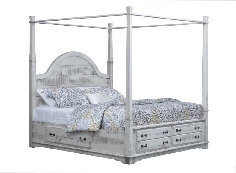 Queen Canopy Bed with 3-Sided Storage, Whitewashed Finish