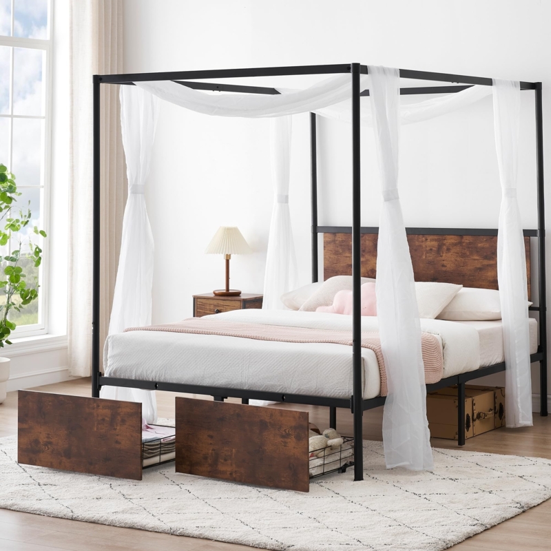 Queen Canopy Bed with Curtains, Black Metal Frame & Storage