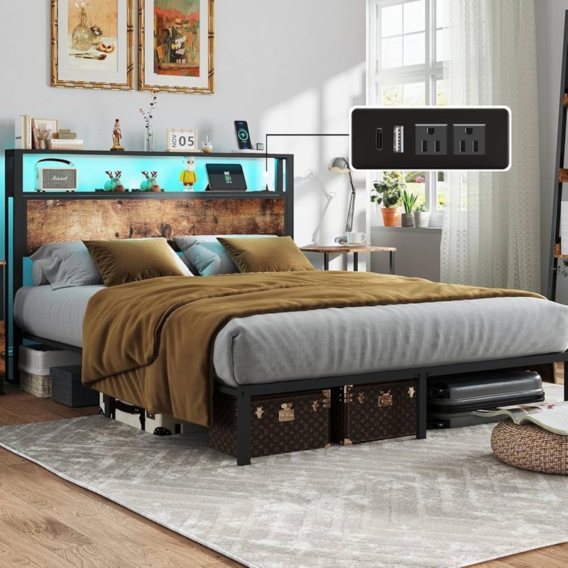 - Queen Size Bed Frame with Headboard, Metal Platform Bed Frame  with LED Lights & Charging Station, Under Bed Storage, Solid and Stable, No  Box Spring Needed, Noise Free, Easy Assembly,