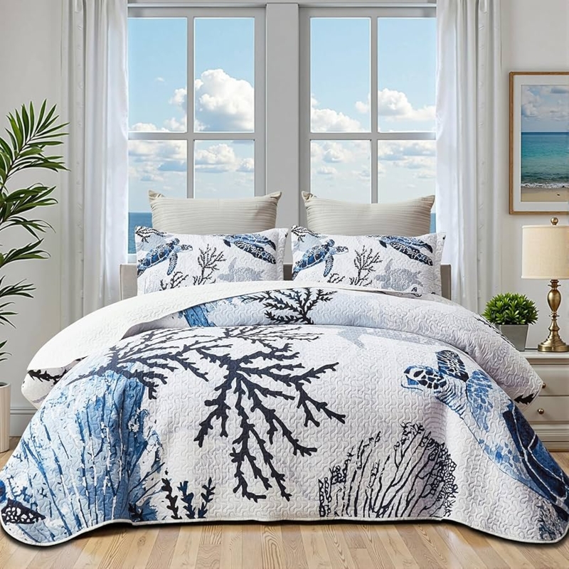 Quilt Set: Navy Blue Sea Turtle Print with Nautical Coastal Theme