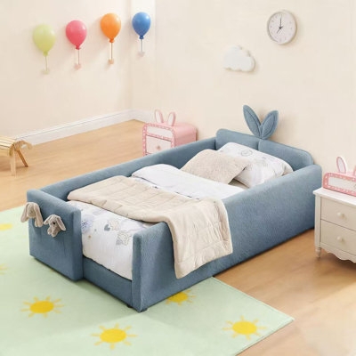 Rabbit Ear Twin Bed Blue Boucle Upholstered Safety Rails Whimsical