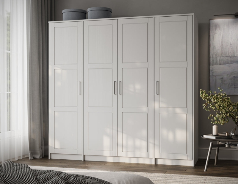 Raised Panel Closet Storage, Vertical Bar Pulls, Four Doors.