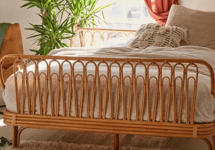 Rattan Bed Frame Looped Footboard Honey Oak Boho Platform