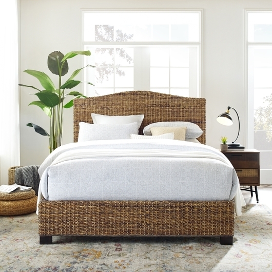 Rattan Bed Frame with Arched Headboard and Basketweave Texture