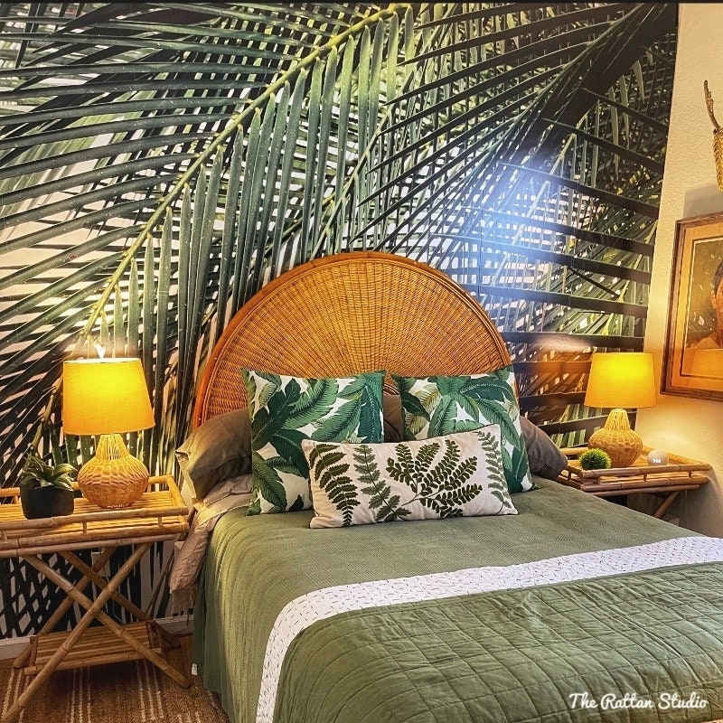 Rattan Fan Headboard with Half Moon Sunburst Design
