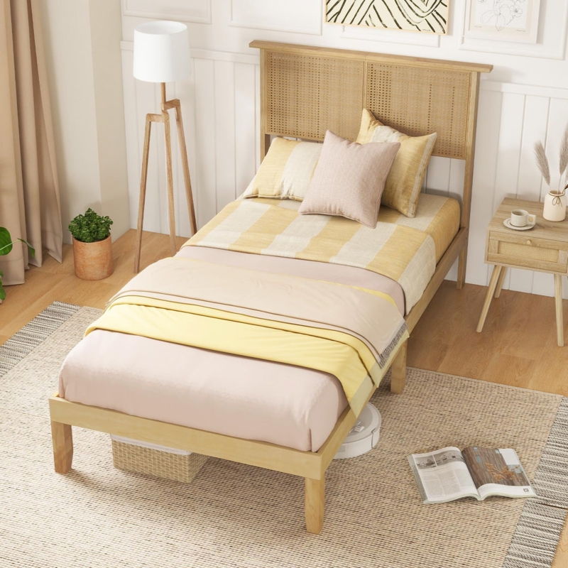 Rattan Headboard Bed Frame Light Wood Platform Twin