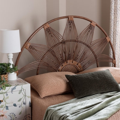 Rattan Headboard Sunburst Design with Arched Top for Boho Coastal Style