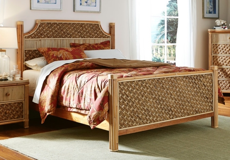Rattan King Bed with Woven Diamond Panels and Pole Frame