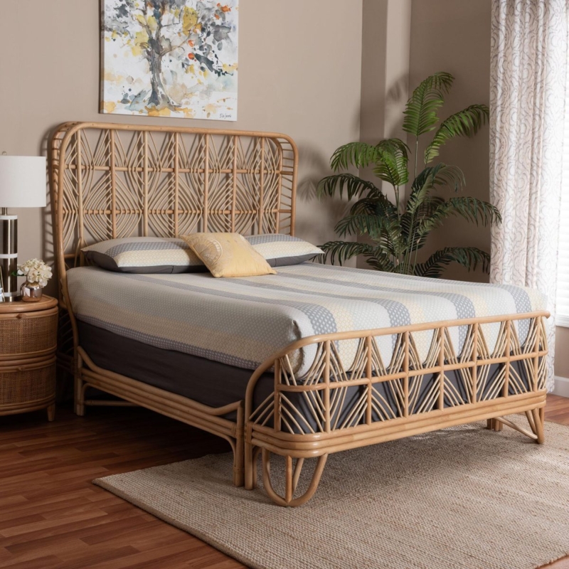 Rattan Platform Bed: High Curved Headboard in Honey Tone, Bohemian Style.