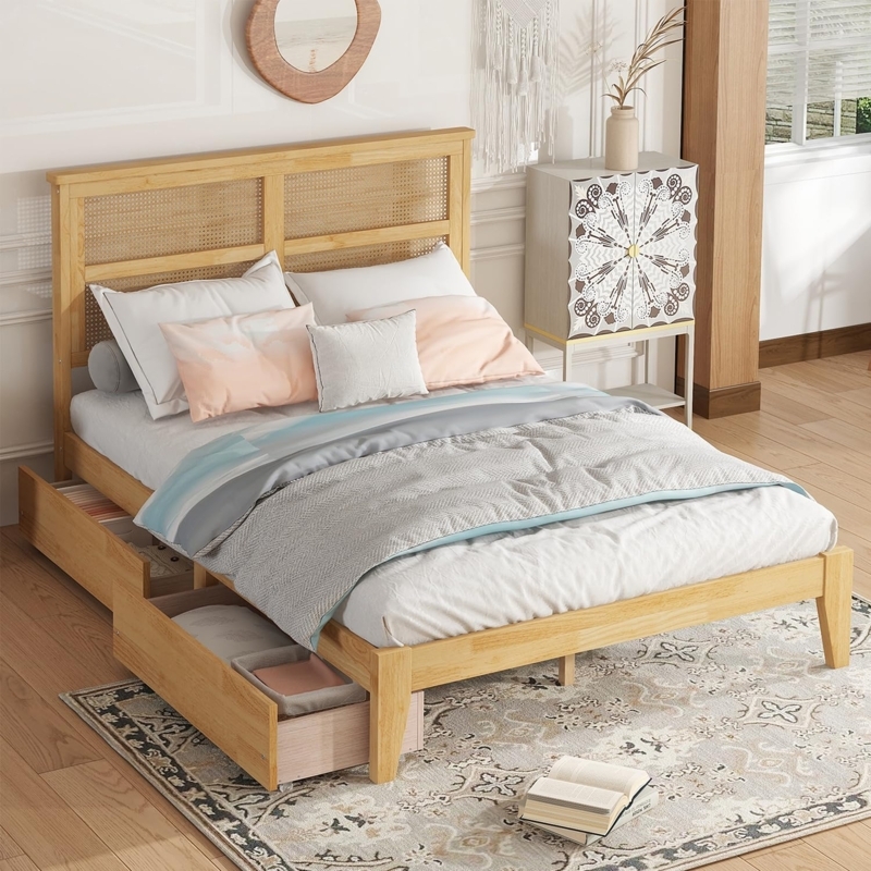 Rattan Storage Bed Frame with Underbed Drawers, Light Wood
