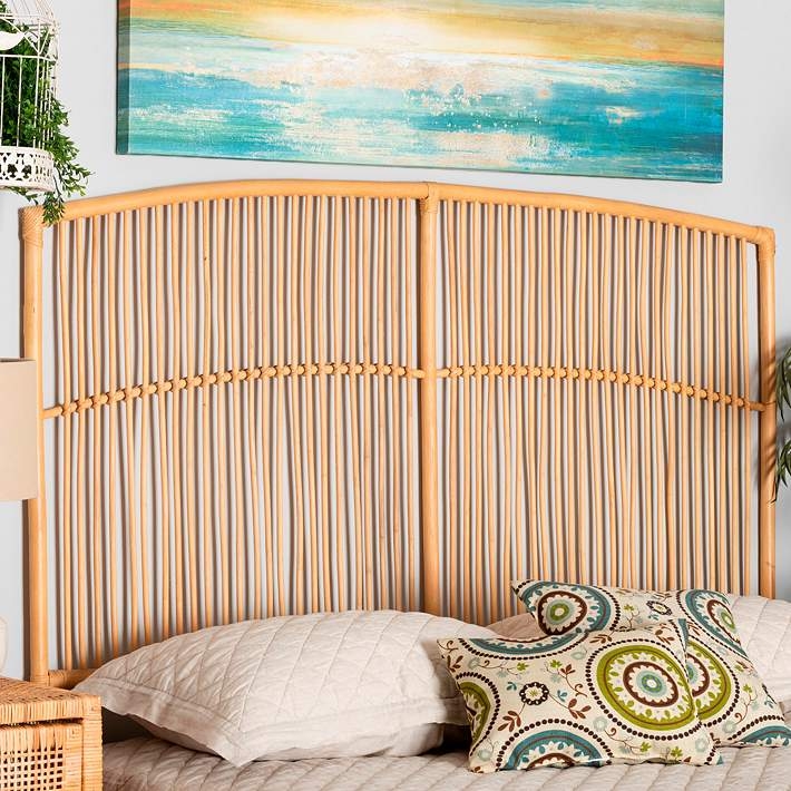Rattan Wall Mount Headboard with Curved Top and Beaded Accent