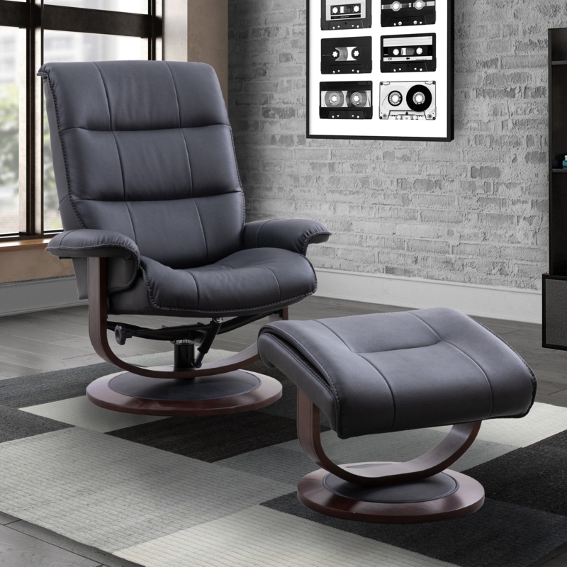 Recliner and Ottoman Set Swivel Curved Wood Base Leather Like Industrial