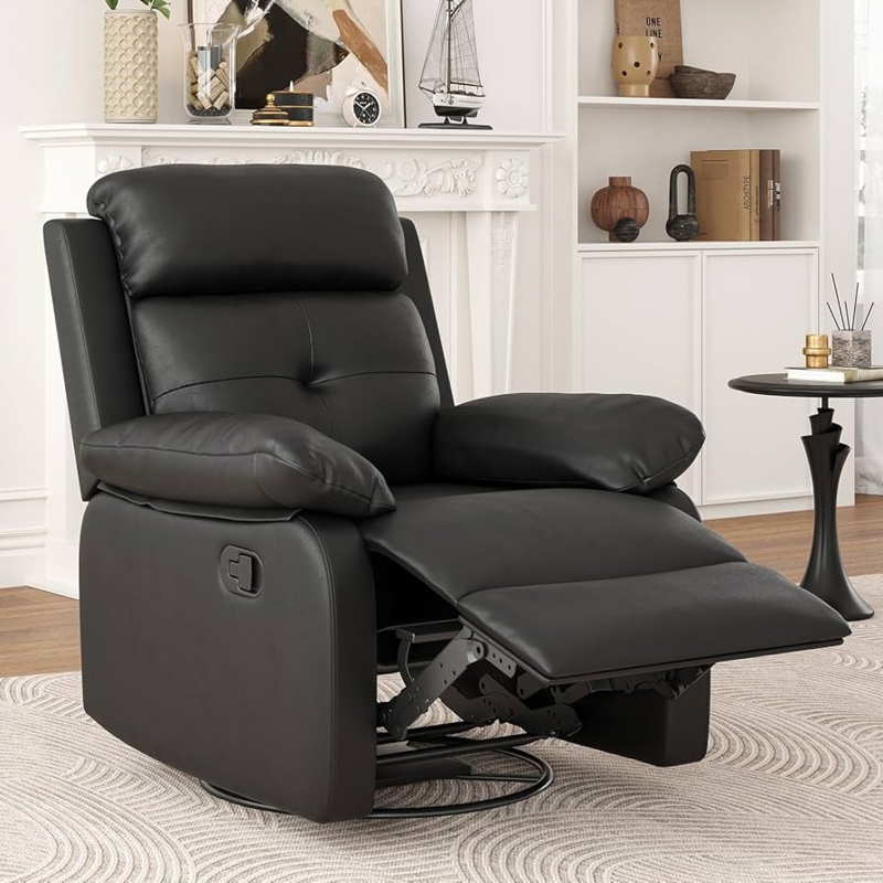Recliner Black Tufted Back Leather-Like Swivel Rocker Chair