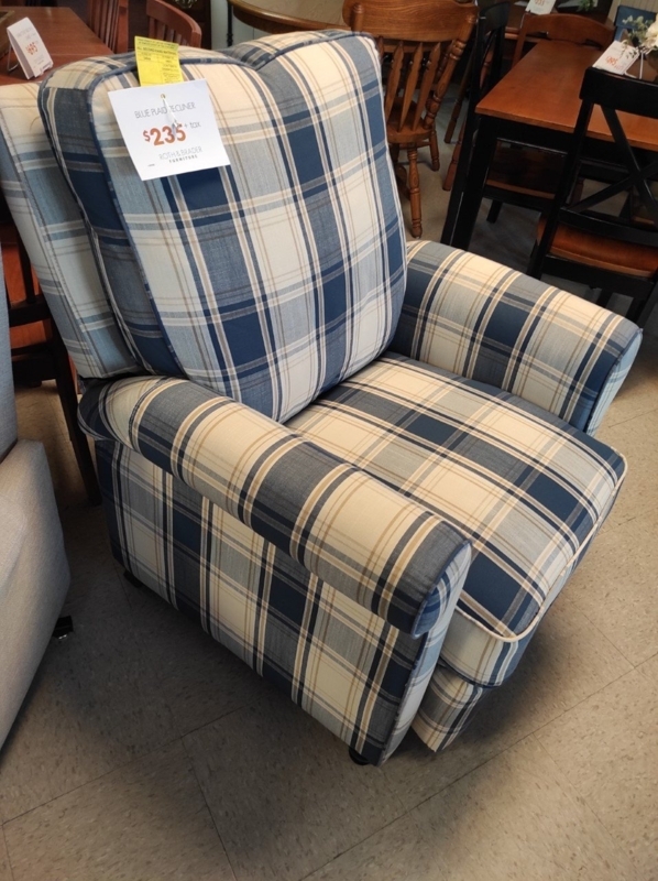 Recliner Blue Plaid Wingback Rolled Arms Traditional Manual Padded Back