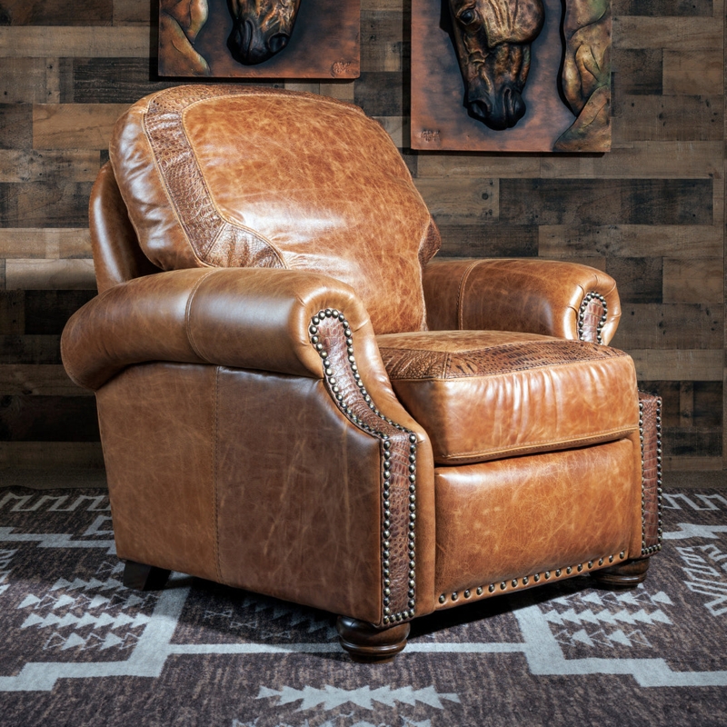 Recliner Brown Crocodile Embossed Leather with Nailhead Trim