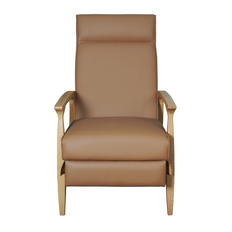 Recliner Brown Leather with Walnut Wood Arms, Tapered Legs & High Back