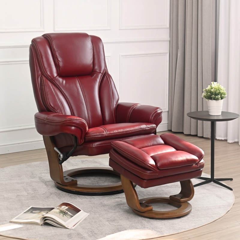 Recliner Burgundy Leather-Like Circular Wood Base Ergonomic Lounge Chair Set