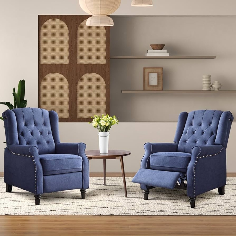 Recliner, Button Tufted Back, Nailhead Trim, Wingback Silhouette, Blue