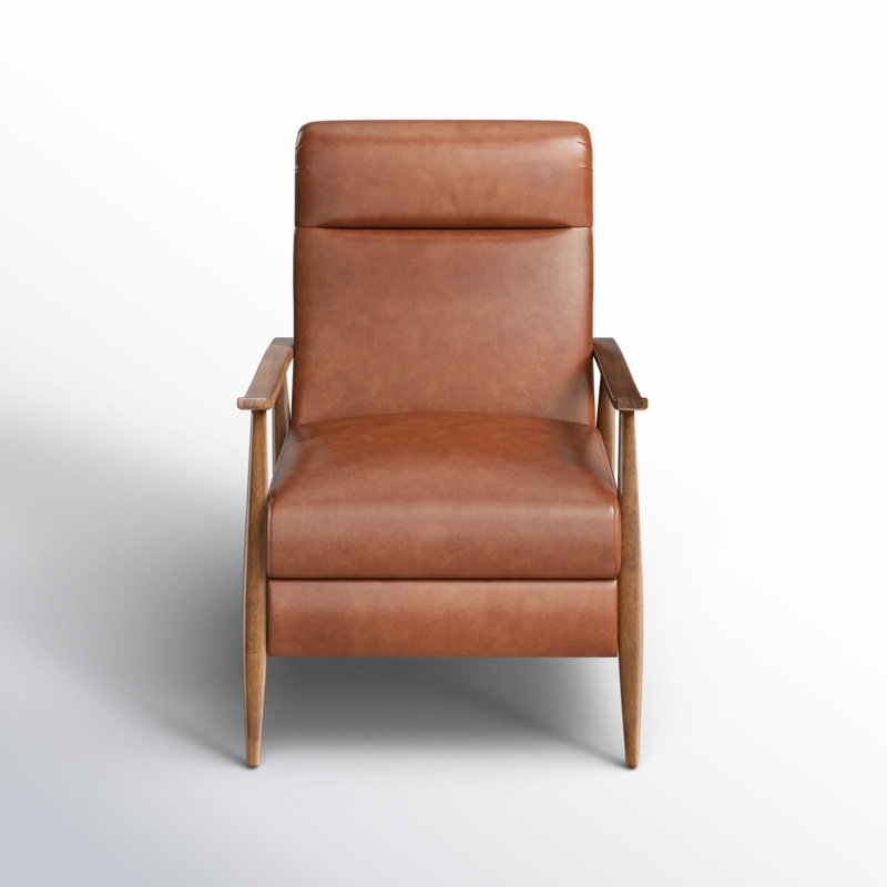 Recliner Caramel Leather with Slim Wood Arms & Horizontal Stitching