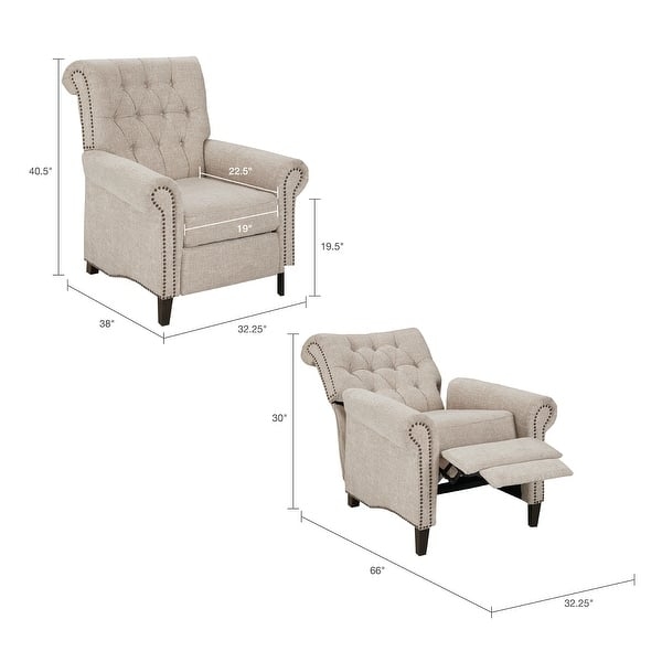 Recliner Chair Beige Manual Push Back Tufted Rolled Arms Classic