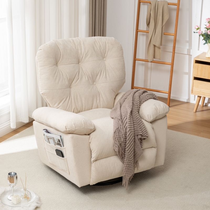 Recliner Chair: Beige Swivel Fleece-like Texture Tufted Back