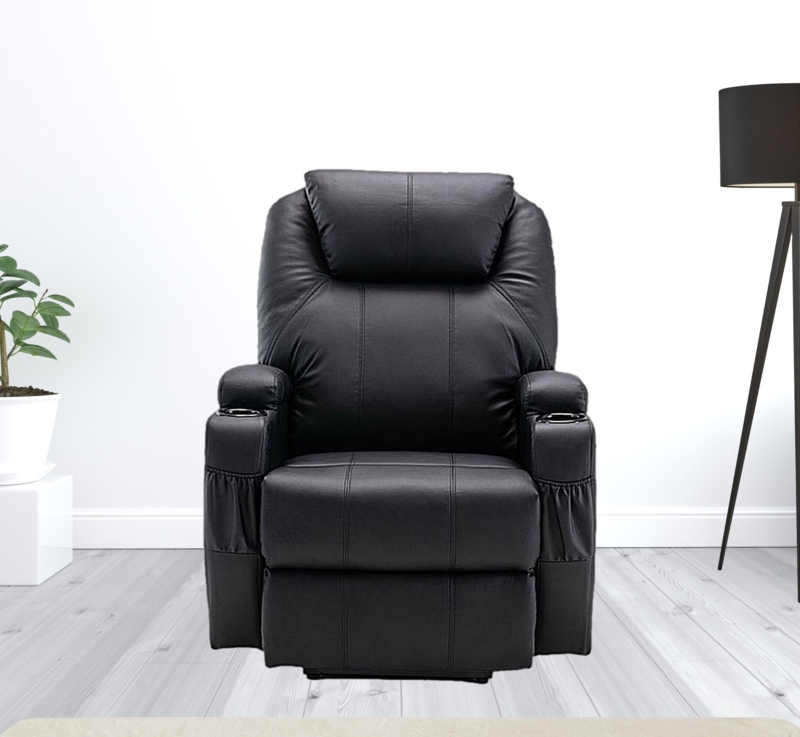 Recliner Chair Black Leather-Like Home Theater Cup Holders